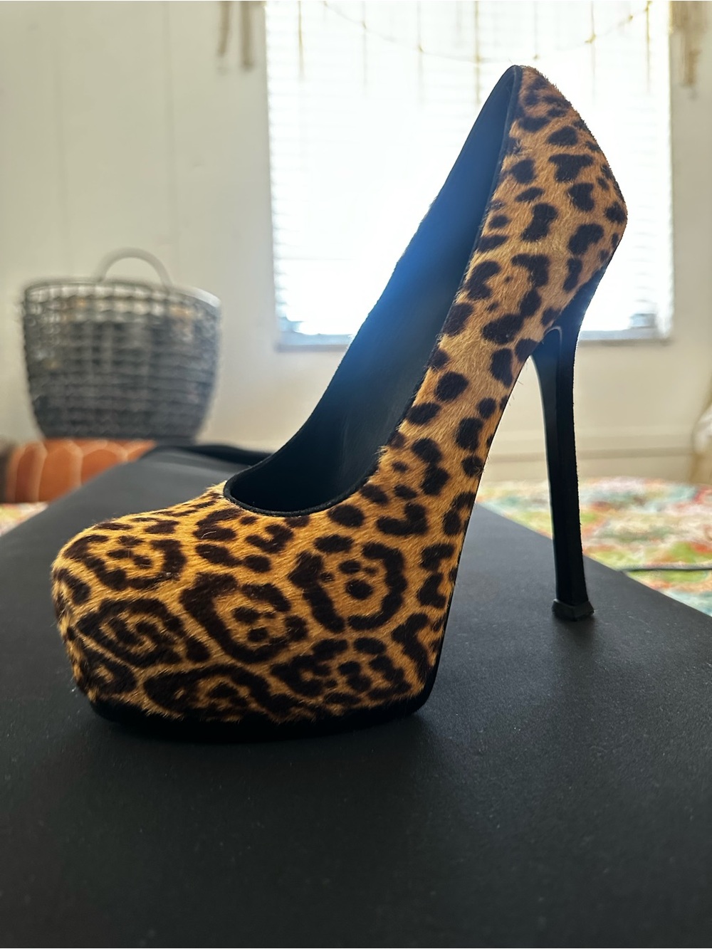 Yves Saint Laurent Leopard-Print Platform Stiletto in Tan and Black calf hair